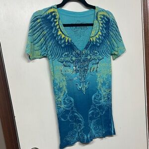 Affliction Women's Teal and Yellow Winged Tee
